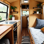 **Image Prompt:** Cozy and efficient tiny home interior of a remodeled trailer. Focus on the modular furniture: A bed folding into a sofa with storage underneath. Natural light, warm textiles (blankets, cushions), and small plants create a welcoming atmosphere.