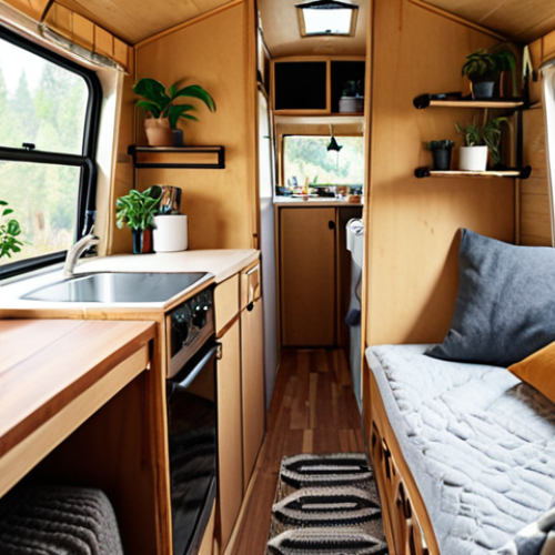 Home 6 **Image Prompt:** Cozy and efficient tiny home interior of a remodeled trailer. Focus on the modular furniture: A bed folding into a sofa with storage underneath. Natural light, warm textiles (blankets, cushions), and small plants create a welcoming atmosphere.