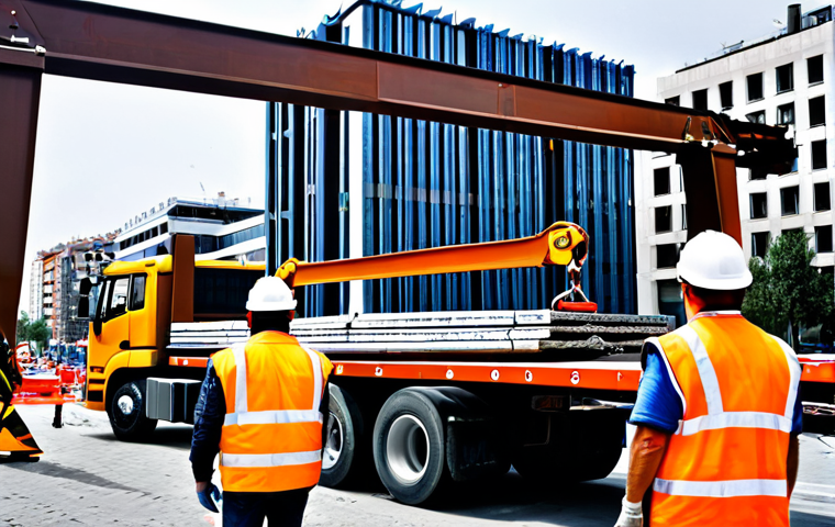 Construction Site Delivery**
"A flatbed truck delivering steel beams to a construction site in Madrid. The truck is properly secured with chains and straps. Construction workers wearing hard hats are unloading the beams with a crane. In the background, modern buildings are under construction. Safe for work, appropriate content, fully clothed, professional, perfect anatomy, natural proportions, professional photography, high quality."
**