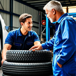 대형 트럭 타이어 선택 방법 - Tire Selection Consultation**

"A professional mechanic advising a truck driver on tire selection in...
