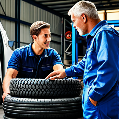 대형 트럭 타이어 선택 방법 - Tire Selection Consultation**

"A professional mechanic advising a truck driver on tire selection in...