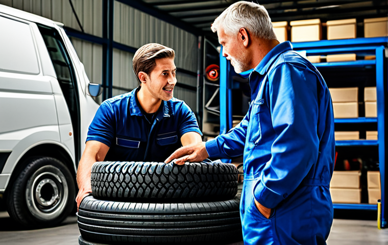 대형 트럭 타이어 선택 방법 - Tire Selection Consultation**

"A professional mechanic advising a truck driver on tire selection in...