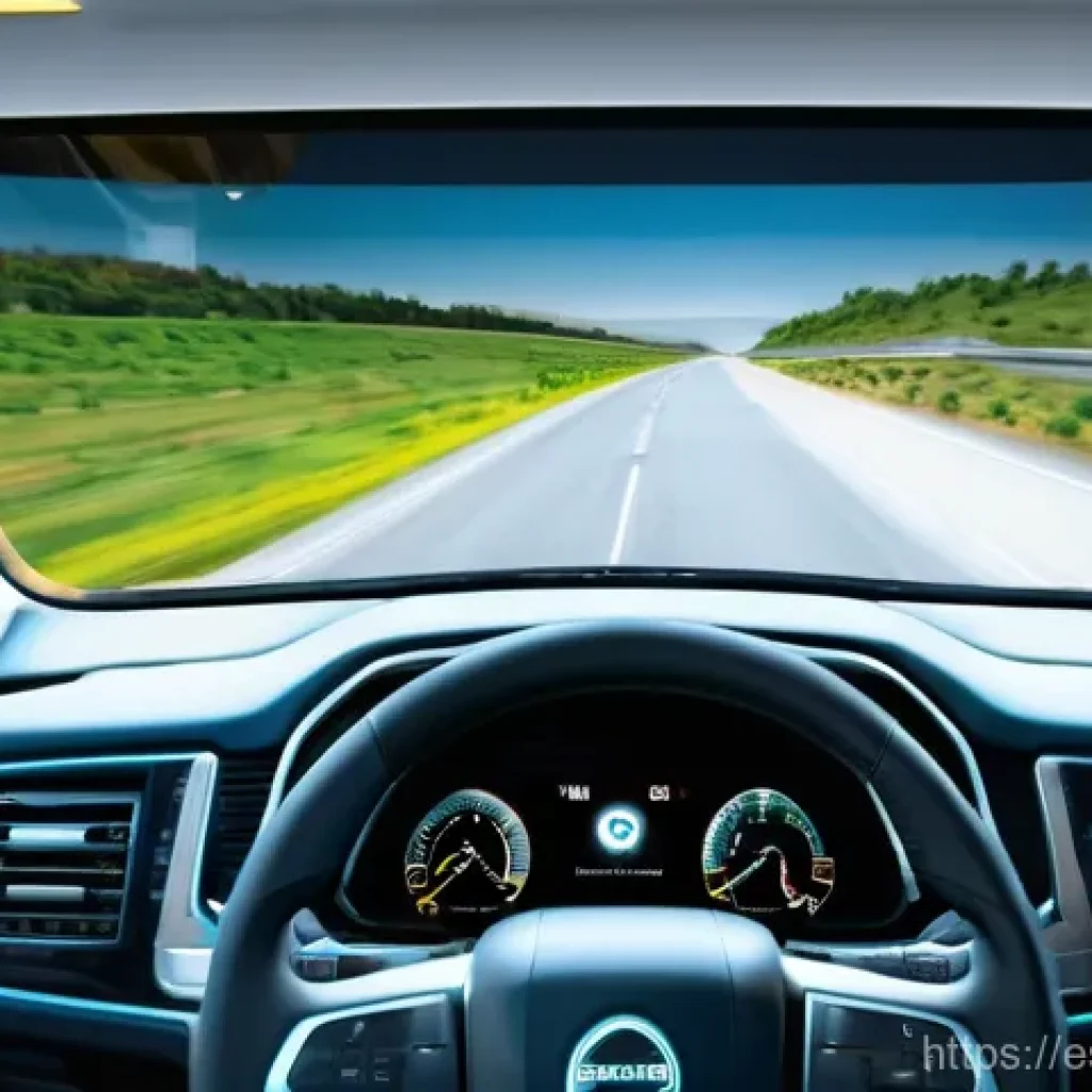 대형 트럭의 최신 안전 기술 - **Prompt:** A modern, ergonomic truck cabin from a slightly elevated, eye-level perspective. A diver...