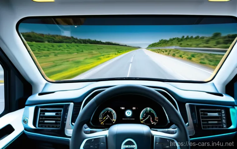 대형 트럭의 최신 안전 기술 - **Prompt:** A modern, ergonomic truck cabin from a slightly elevated, eye-level perspective. A diver...