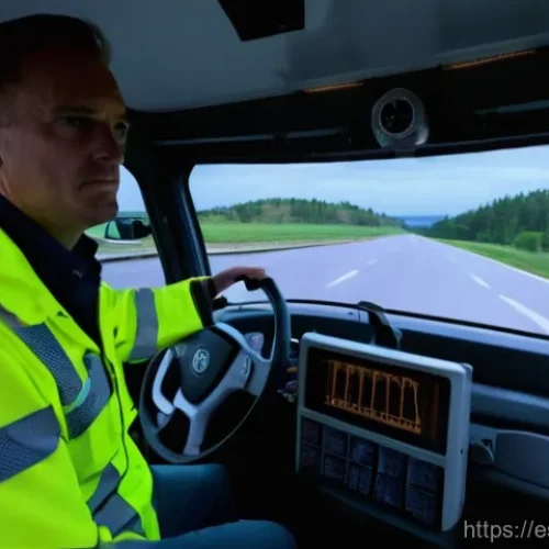 Home 14 트레일러 트럭의 충돌 방지 시스템 - **Prompt:** A modern semi-truck cabin interior, viewed from a slightly elevated, dynamic angle, focu...