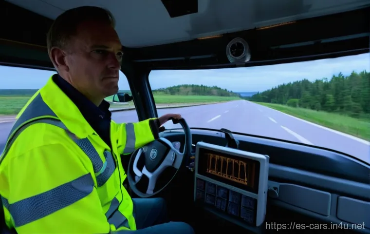 트레일러 트럭의 충돌 방지 시스템 - **Prompt:** A modern semi-truck cabin interior, viewed from a slightly elevated, dynamic angle, focu...