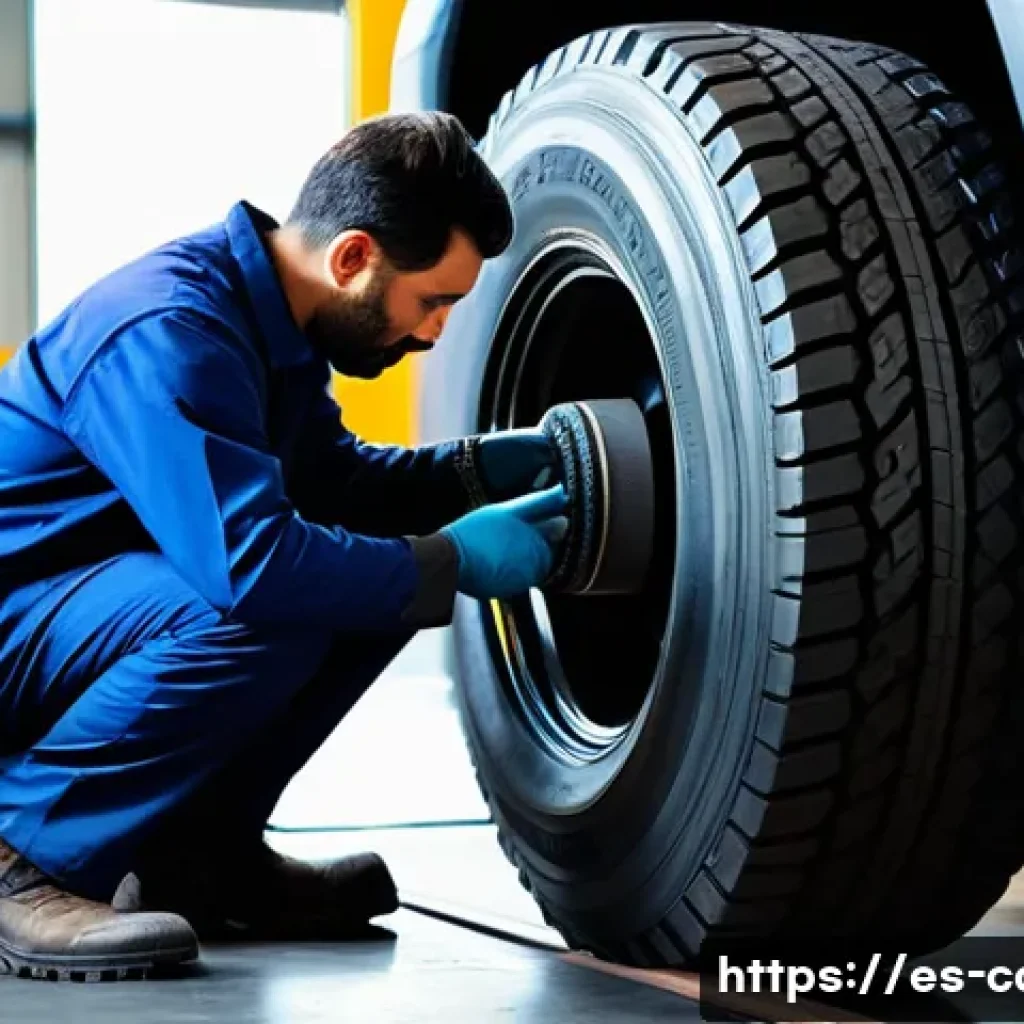 대형 트럭의 타이어 유지비 - A professional heavy-duty truck mechanic in a modern workshop, carefully inspecting and measuring th...