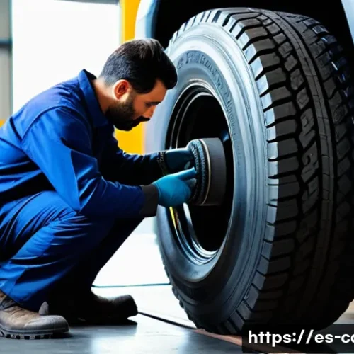 Home 27 대형 트럭의 타이어 유지비 - A professional heavy-duty truck mechanic in a modern workshop, carefully inspecting and measuring th...