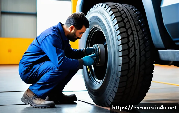 대형 트럭의 타이어 유지비 - A professional heavy-duty truck mechanic in a modern workshop, carefully inspecting and measuring th...