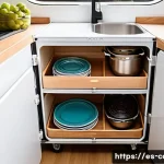 Home 14 트레일러의 캠핑 액세서리 추천 - A compact camper trailer interior showcasing modular storage solutions: adjustable foldable shelves ...