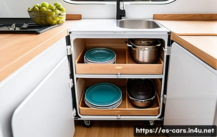 트레일러의 캠핑 액세서리 추천 - A compact camper trailer interior showcasing modular storage solutions: adjustable foldable shelves ...