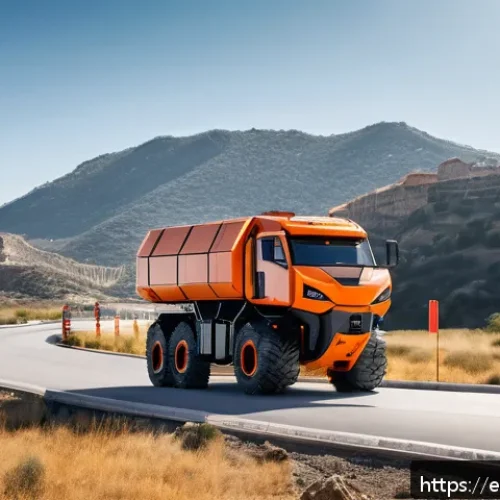 Home 13 특수 차량의 작업 효율성을 높이는 기술 - A futuristic construction site in Spain featuring a large autonomous heavy-duty vehicle navigating r...