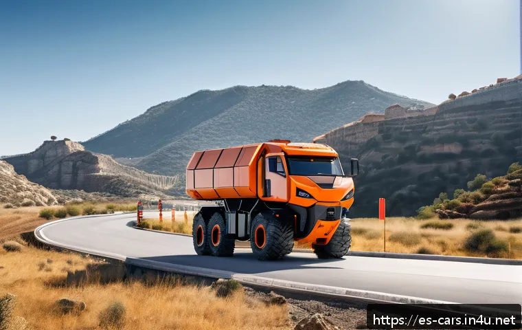 특수 차량의 작업 효율성을 높이는 기술 - A futuristic construction site in Spain featuring a large autonomous heavy-duty vehicle navigating r...
