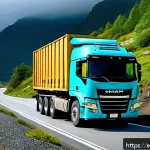 Home 18 대형 트럭의 장기 시승기 - A heavy-duty truck driving on a rugged mountain road under varying weather conditions—sunny, rainy, ...