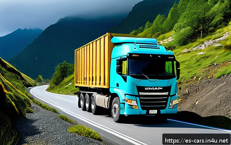 대형 트럭의 장기 시승기 - A heavy-duty truck driving on a rugged mountain road under varying weather conditions&mdash;sunny, rainy, ...