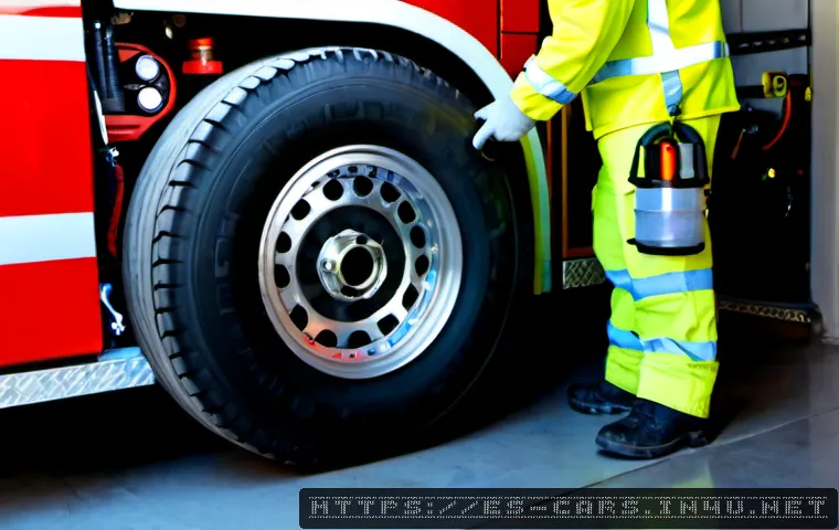 특수 차량의 정기 점검 항목 - Photorealistic municipal fire engine receiving a routine inspection inside a clean Spanish fire stat...