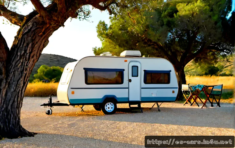 트레일러의 캠핑용 개조 사례 - Photorealistic compact travel trailer converted into a cozy camping retreat, parked beneath cork oak...