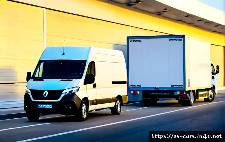 특수 차량의 최신 시장 트렌드 - Photorealistic wide-angle scene of a modern electric urban delivery van and a compact refrigerated s...